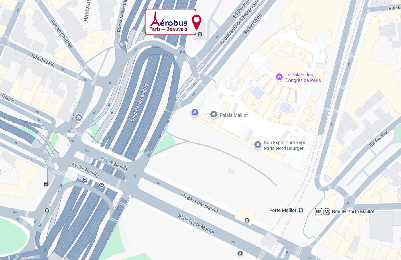 Plan d'accès à la gare routière Aérobus de Paris Porte Maillot