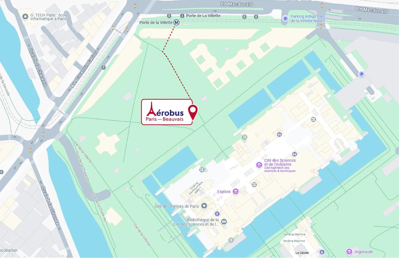 Plan d'accès à la gare routière Aérobus de Paris La Villette