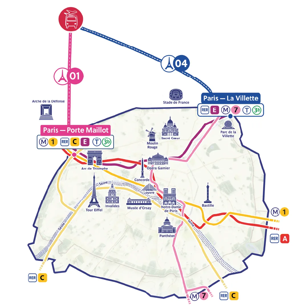 Carte des lignes Aérobus : A01 vers Paris Porte Maillot et A04 vers Paris La Villette au départ de l'aéroport de Paris-Beauvais, avec les correspondances métro, RER et tramway